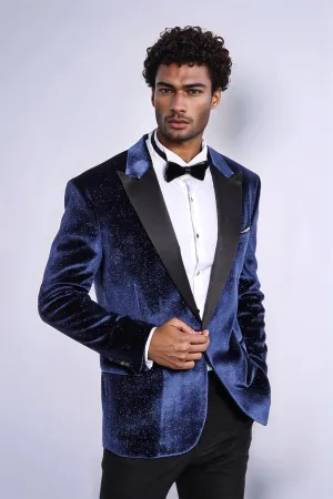 Sparkle Slim Fit Velvet Navy Blue Men Prom Blazer - Wessi