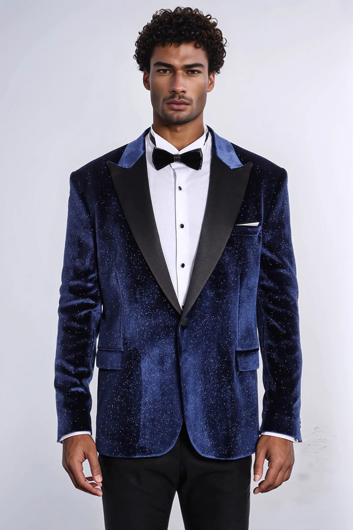 Sparkle Slim Fit Velvet Navy Blue Men Prom Blazer - Wessi