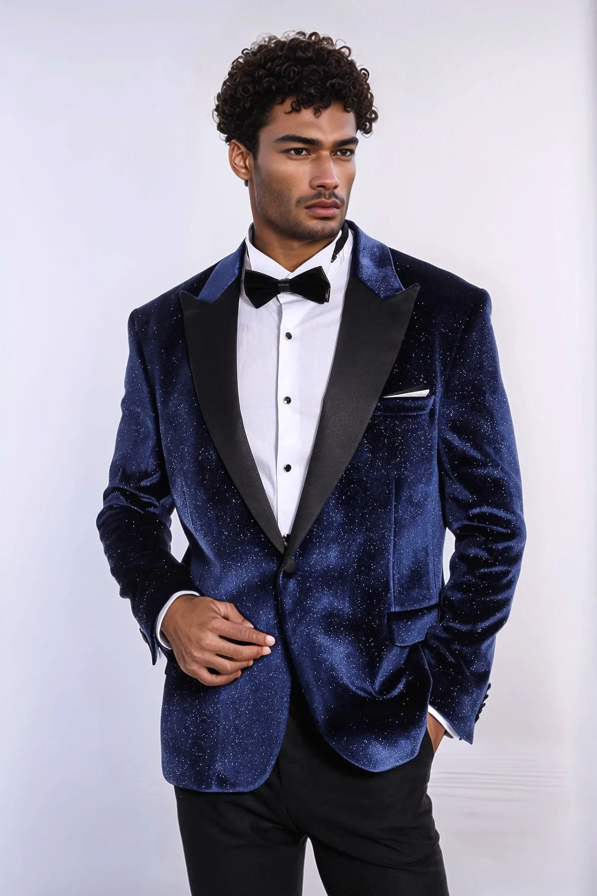 Sparkle Slim Fit Velvet Navy Blue Men Prom Blazer - Wessi