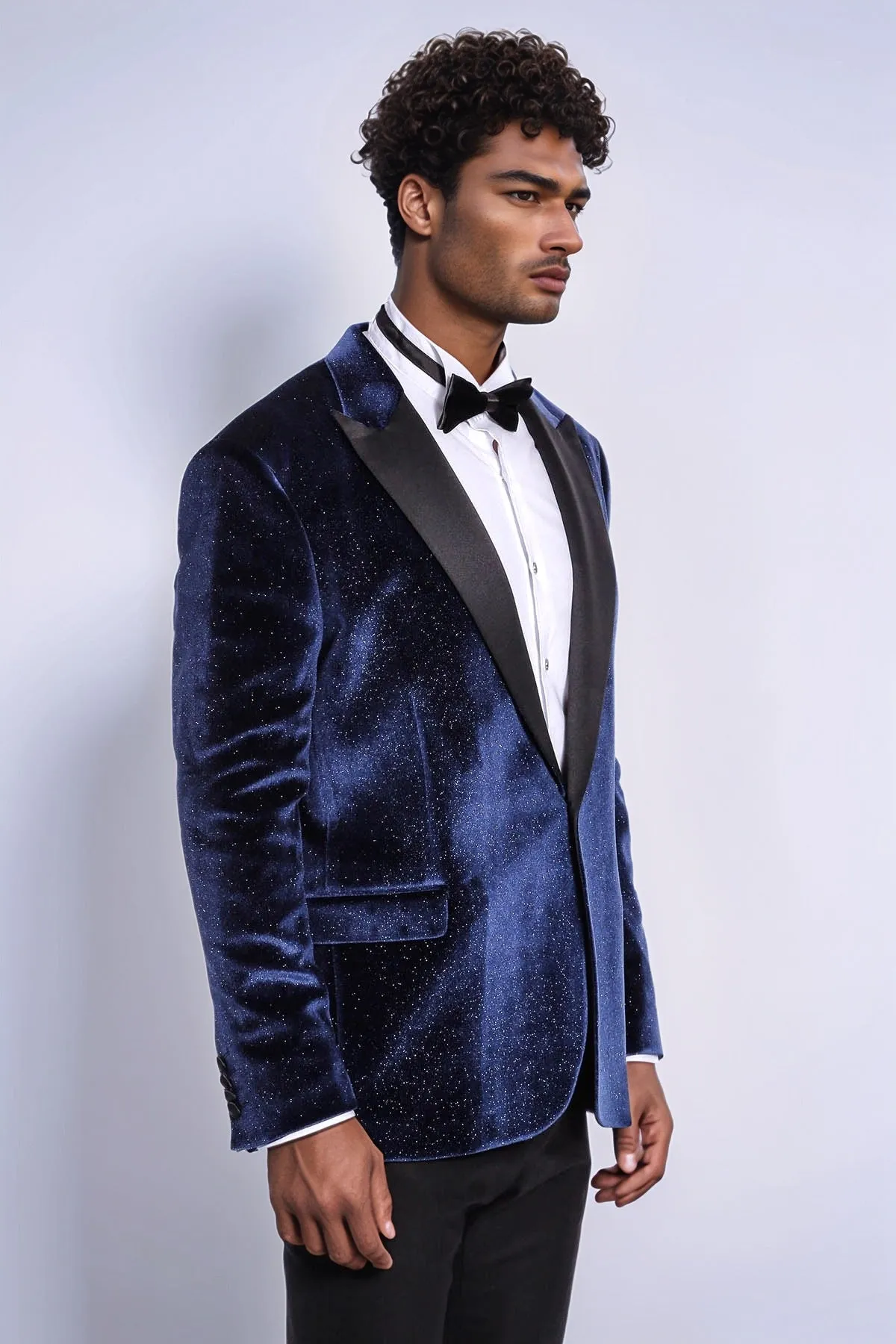Sparkle Slim Fit Velvet Navy Blue Men Prom Blazer - Wessi