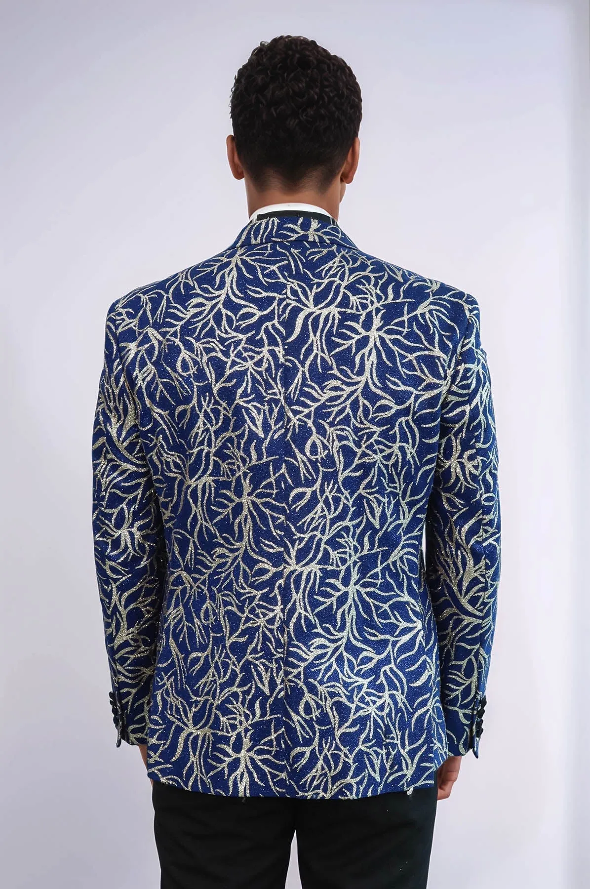 Sparkling Ivy Patterned Slim Fit Blue Men Prom Blazer - Wessi