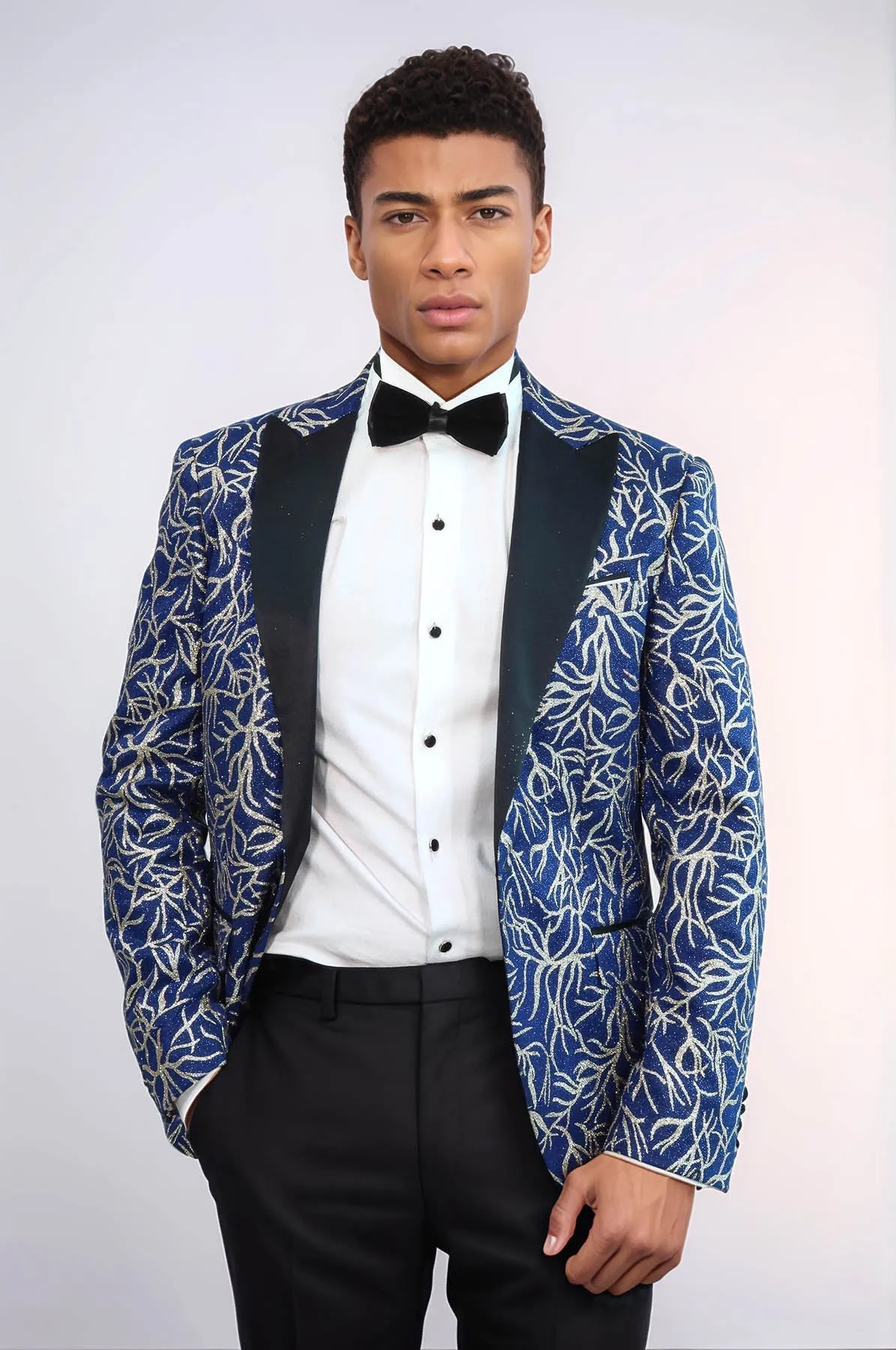 Sparkling Ivy Patterned Slim Fit Blue Men Prom Blazer - Wessi
