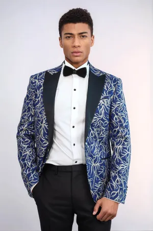 Sparkling Ivy Patterned Slim Fit Blue Men Prom Blazer - Wessi