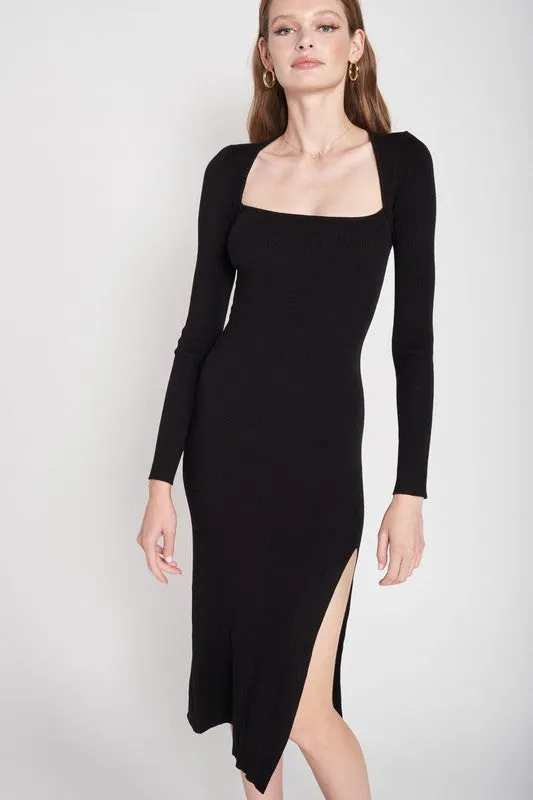 Square Neck Midi Dress With Slit
