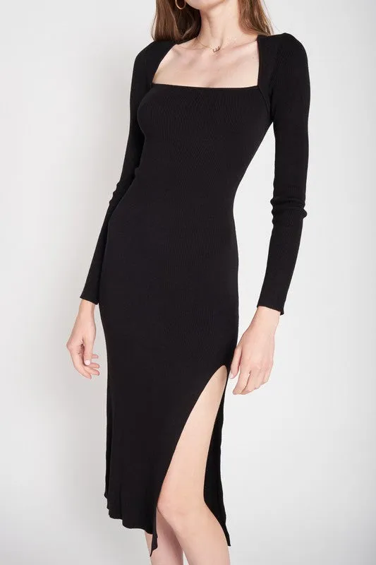 Square Neck Midi Dress With Slit