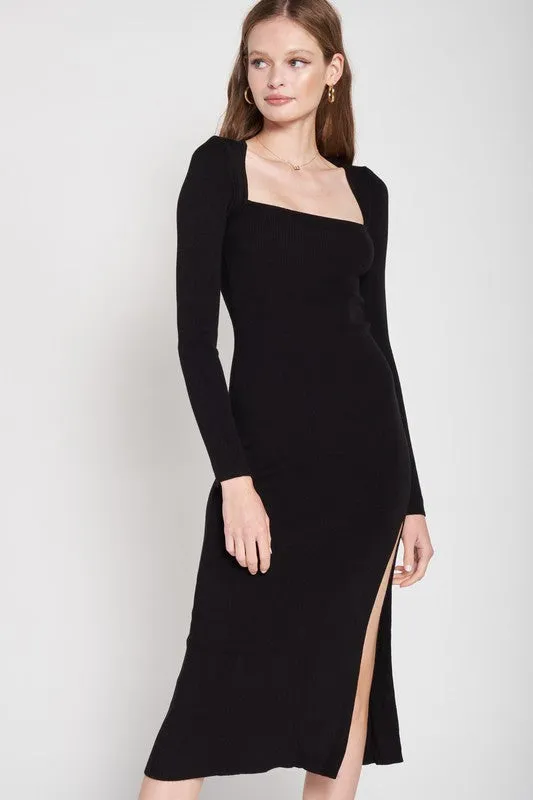 Square Neck Midi Dress With Slit
