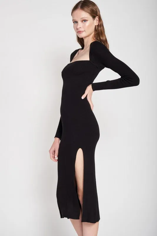 Square Neck Midi Dress With Slit