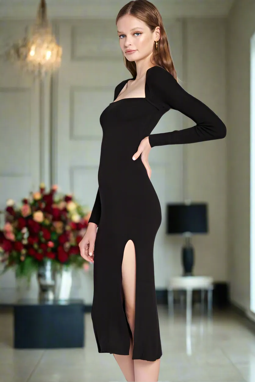 Square Neck Midi Dress With Slit