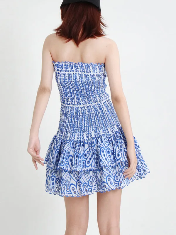 Strapless Mini Dress with Geometric Print and Ruffle Hem
