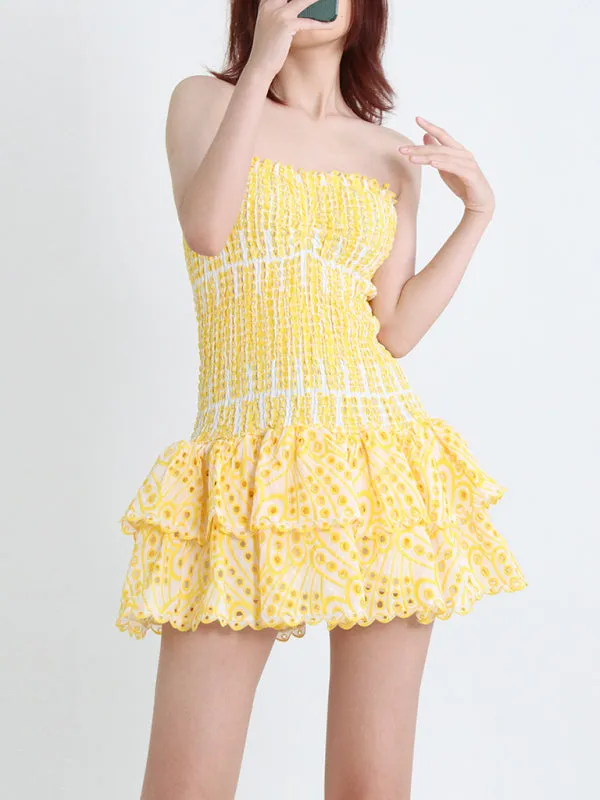 Strapless Mini Dress with Geometric Print and Ruffle Hem