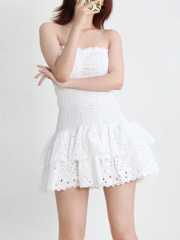 Strapless Mini Dress with Geometric Print and Ruffle Hem