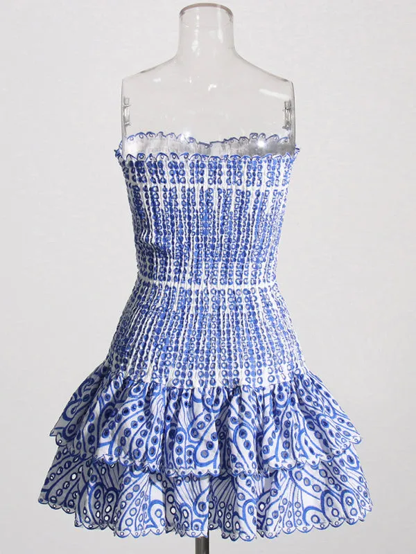 Strapless Mini Dress with Geometric Print and Ruffle Hem