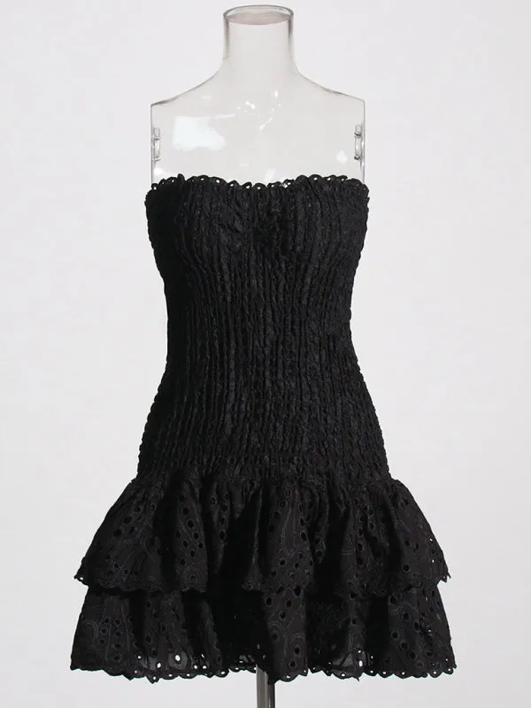 Strapless Mini Dress with Geometric Print and Ruffle Hem