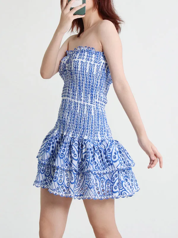 Strapless Mini Dress with Geometric Print and Ruffle Hem
