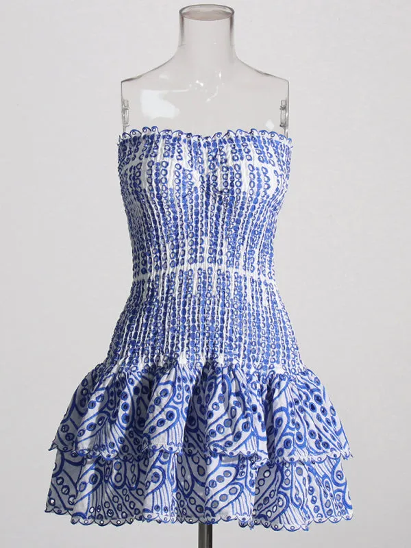 Strapless Mini Dress with Geometric Print and Ruffle Hem