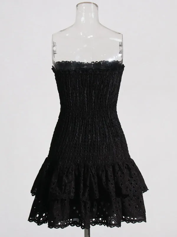 Strapless Mini Dress with Geometric Print and Ruffle Hem