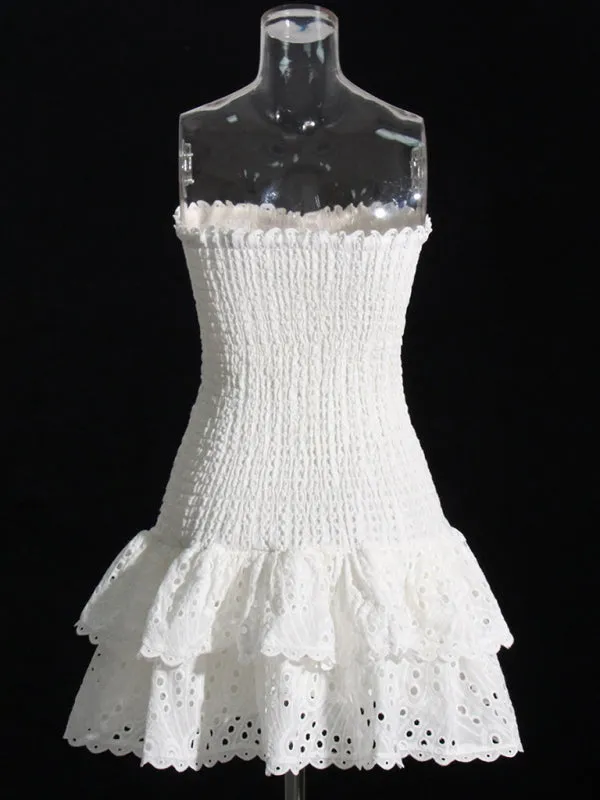 Strapless Mini Dress with Geometric Print and Ruffle Hem