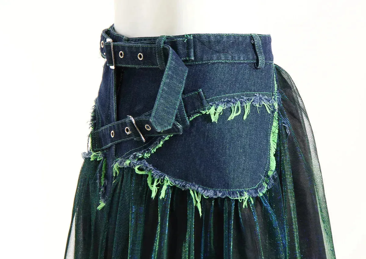 Street Fashion High Waist A-line Denim Mesh Midi Skirt
