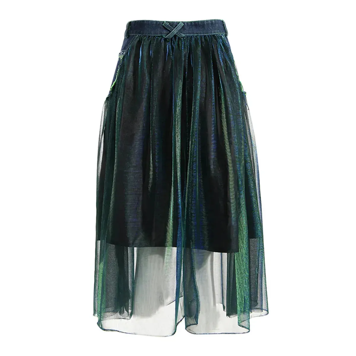 Street Fashion High Waist A-line Denim Mesh Midi Skirt