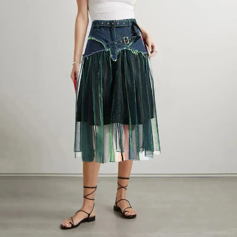 Street Fashion High Waist A-line Denim Mesh Midi Skirt