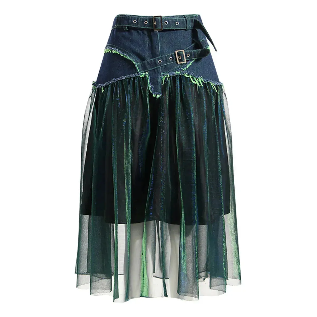 Street Fashion High Waist A-line Denim Mesh Midi Skirt
