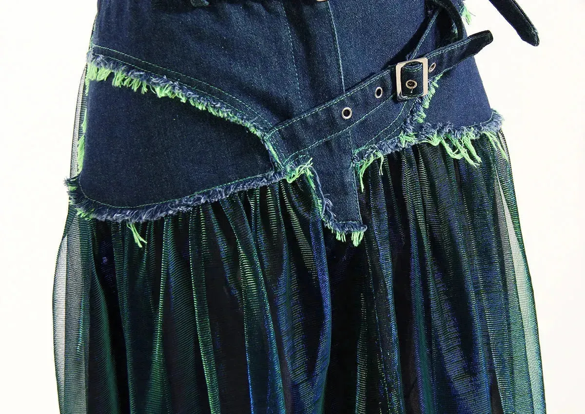 Street Fashion High Waist A-line Denim Mesh Midi Skirt