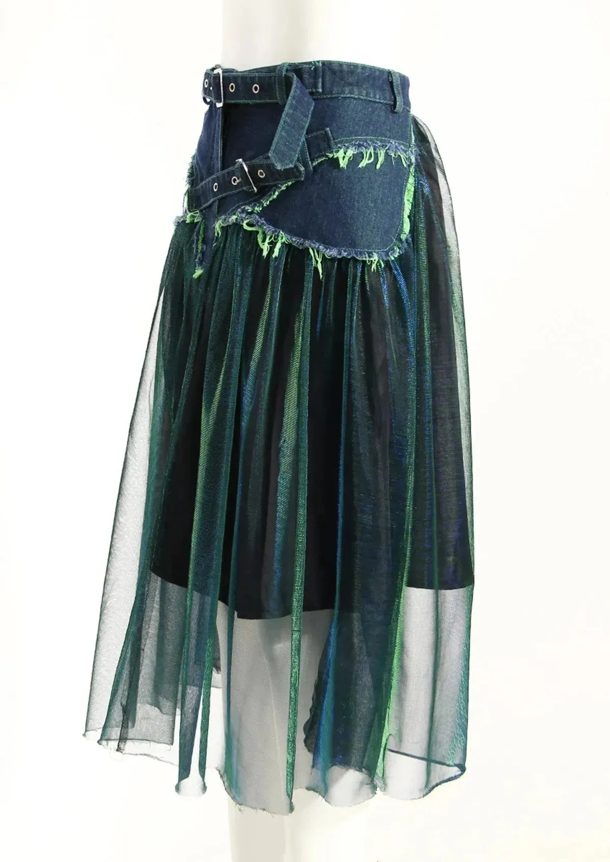 Street Fashion High Waist A-line Denim Mesh Midi Skirt
