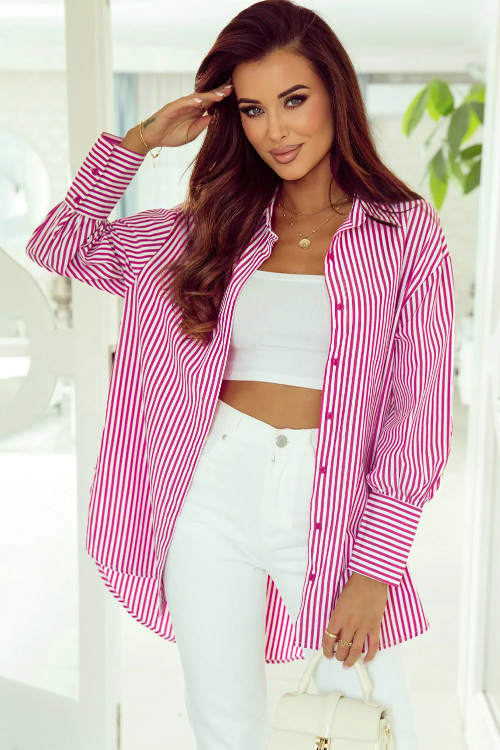 Striped Bishop Sleeve Side Slit Shirt