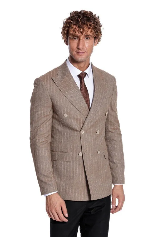 Striped Double Breasted Light Brown Men Blazer - Wessi