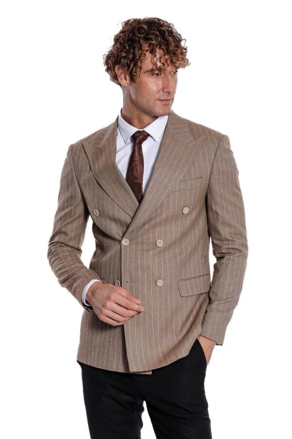 Striped Double Breasted Light Brown Men Blazer - Wessi