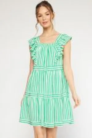 Striped Square Neck Ruffle Sleeve Tiered Mini Dress W/Smocking Along Neckline