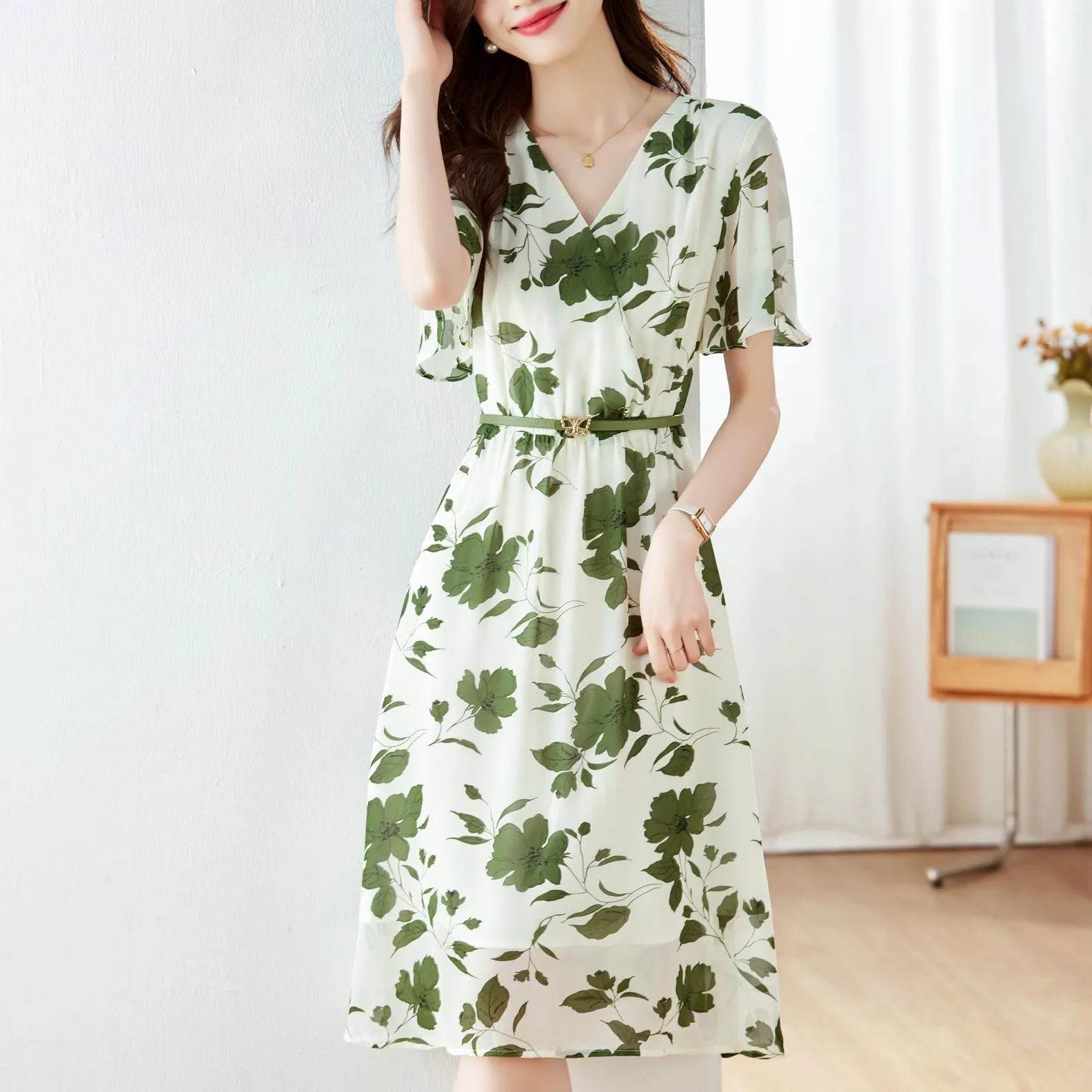 Stylish A-line Dress with Waist Belt and Ruffle Detailing