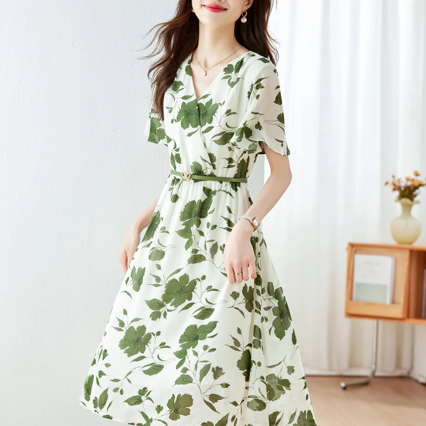 Stylish A-line Dress with Waist Belt and Ruffle Detailing