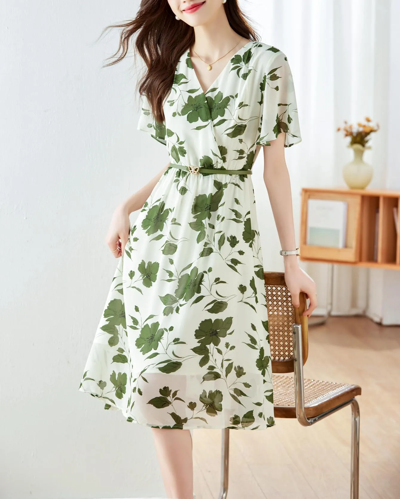Stylish A-line Dress with Waist Belt and Ruffle Detailing