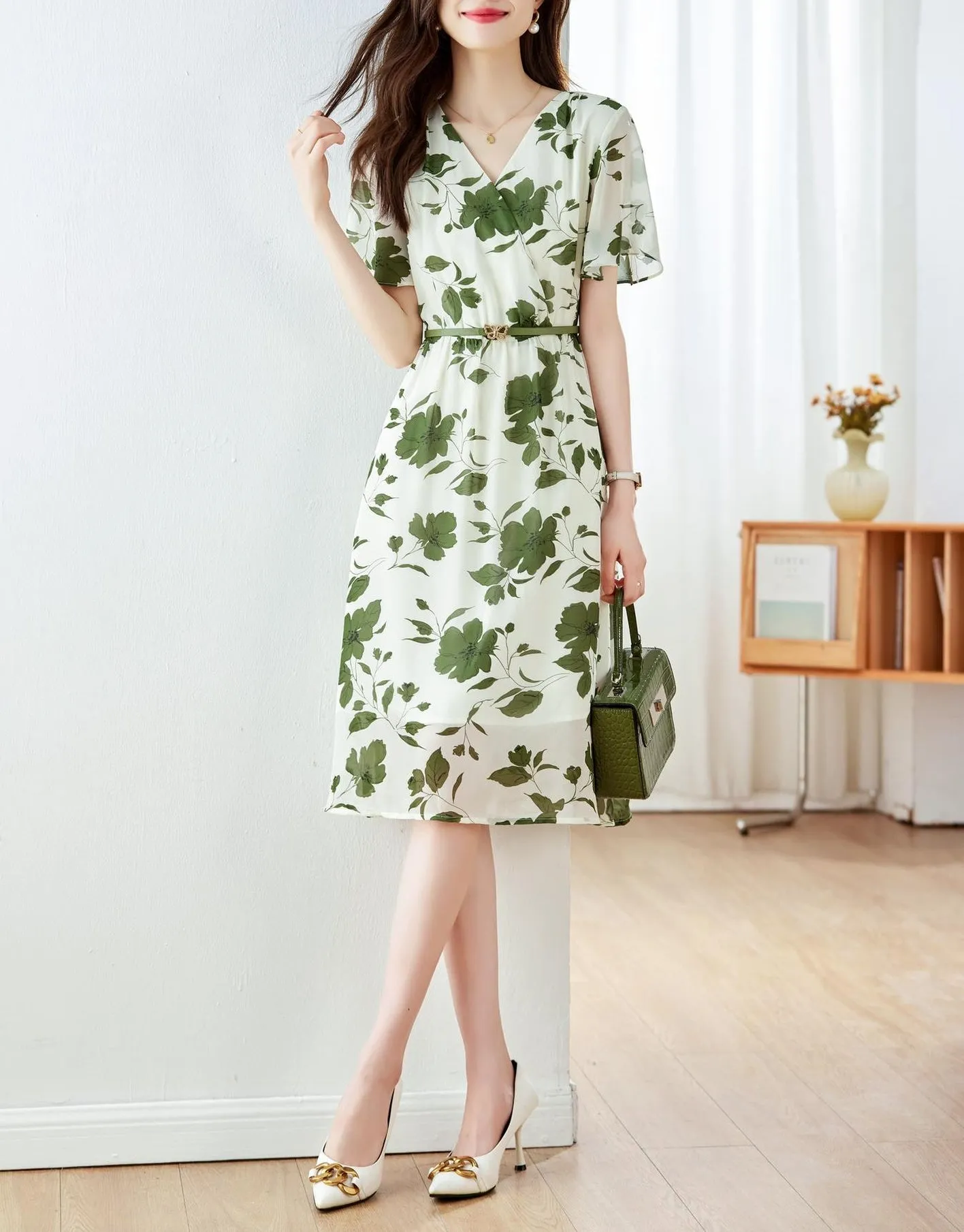 Stylish A-line Dress with Waist Belt and Ruffle Detailing