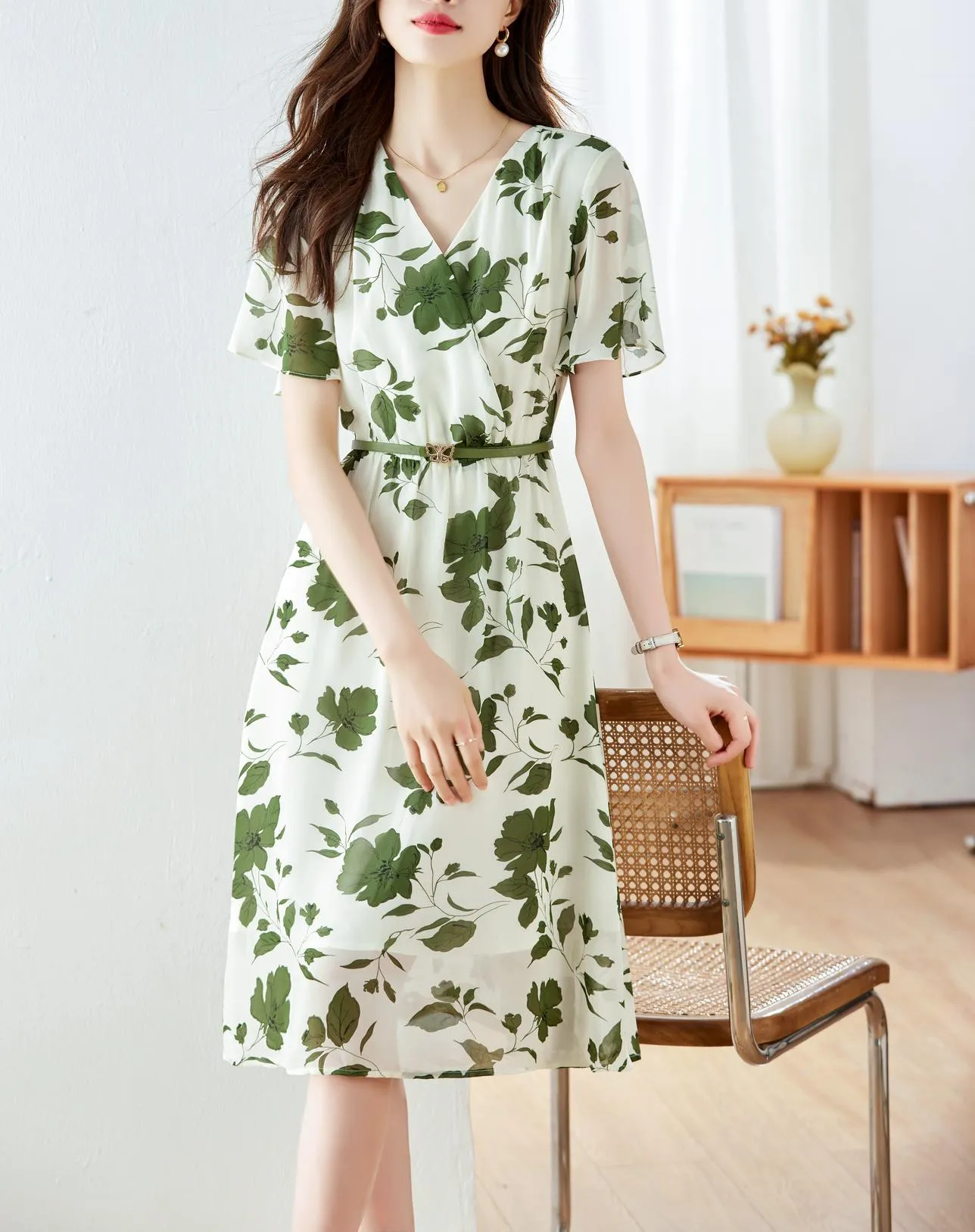 Stylish A-line Dress with Waist Belt and Ruffle Detailing