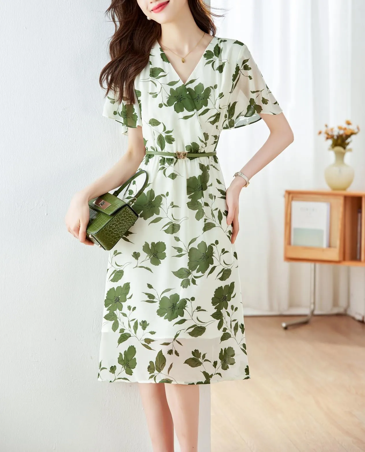 Stylish A-line Dress with Waist Belt and Ruffle Detailing