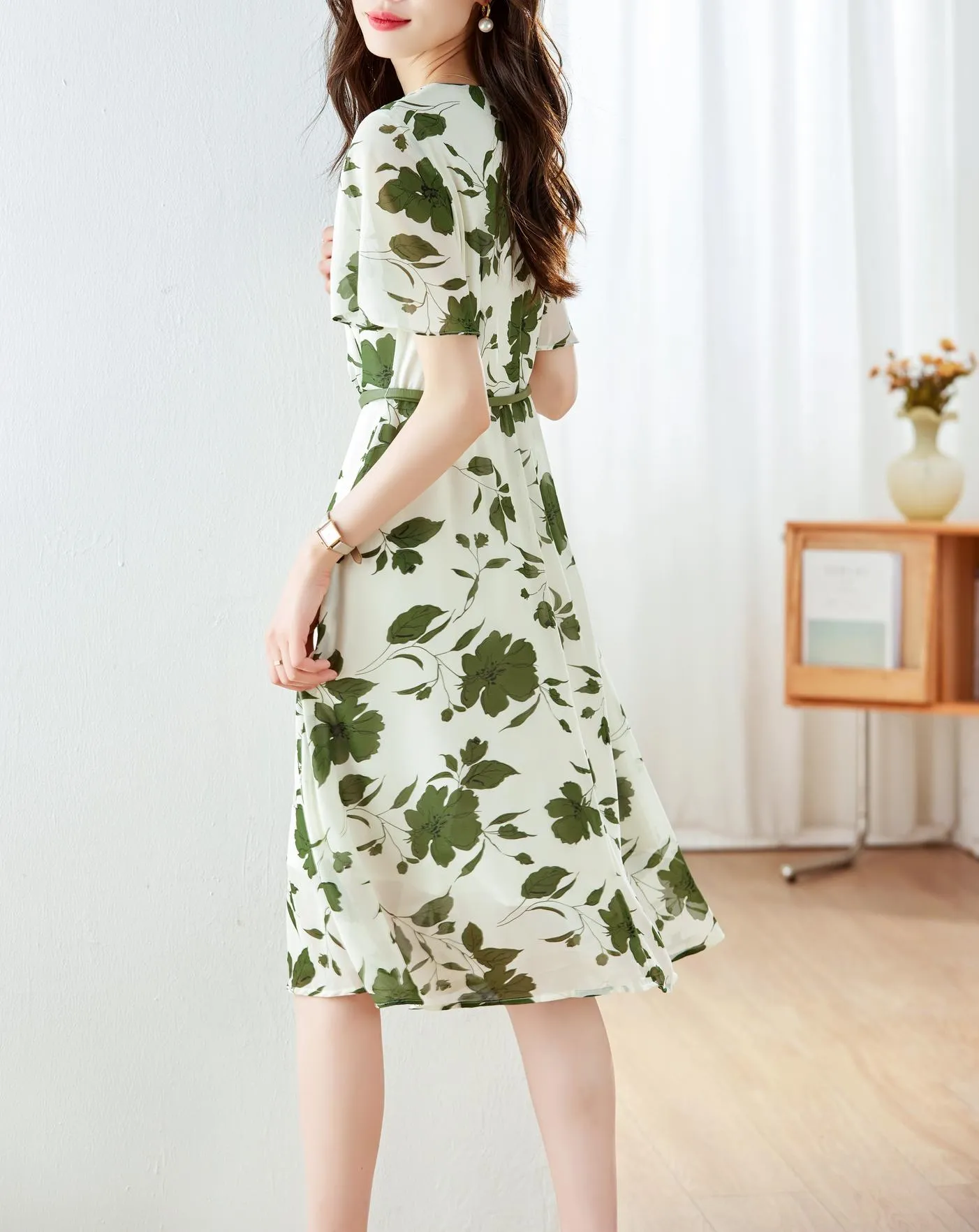 Stylish A-line Dress with Waist Belt and Ruffle Detailing