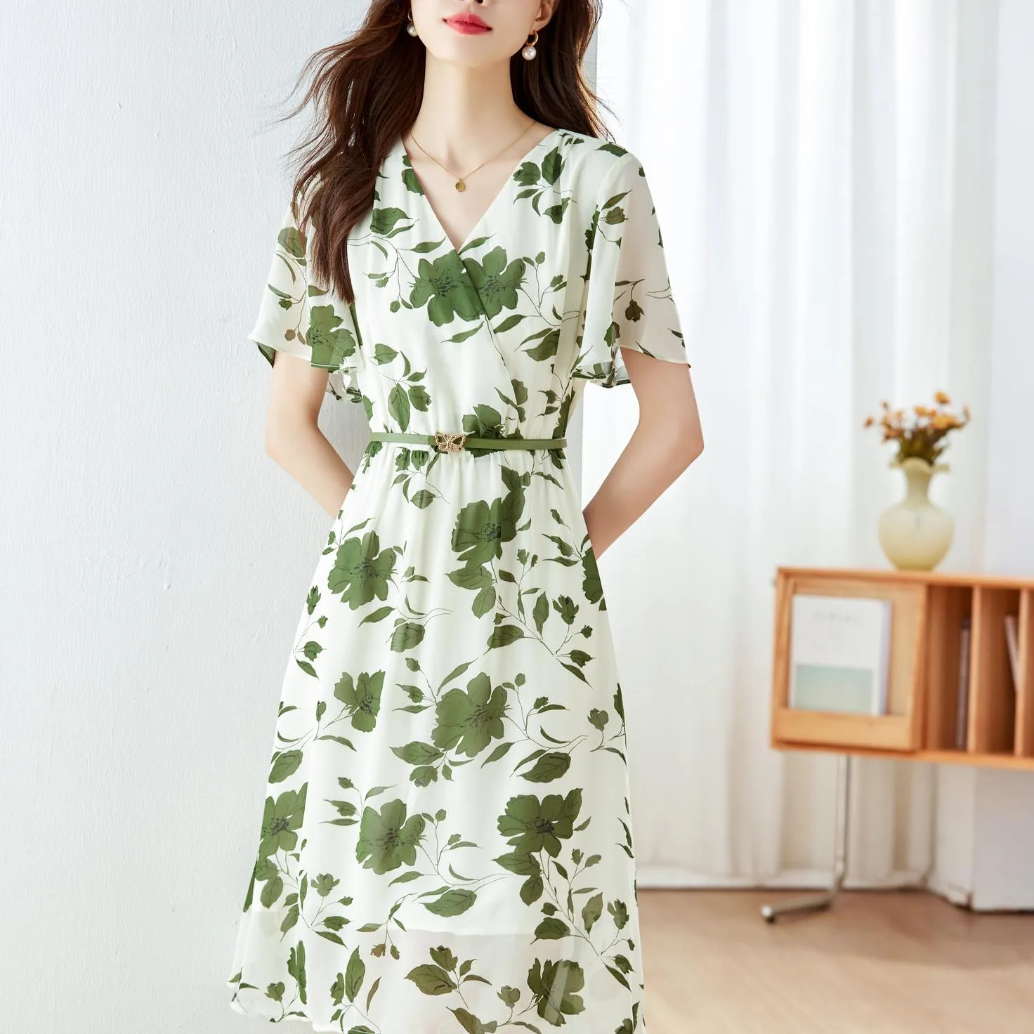 Stylish A-line Dress with Waist Belt and Ruffle Detailing