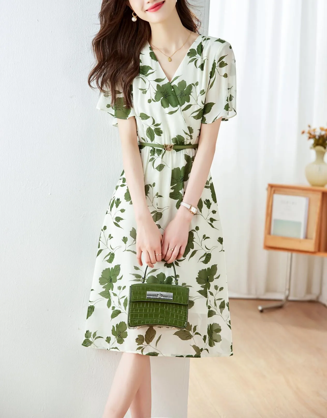 Stylish A-line Dress with Waist Belt and Ruffle Detailing
