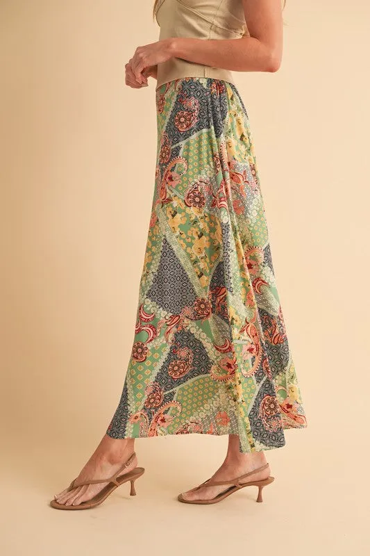 Stylish Printed Maxi Skirt: Elevate Your Wardrobe with Bold Patterns in Sage/Golden