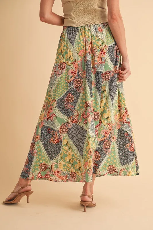 Stylish Printed Maxi Skirt: Elevate Your Wardrobe with Bold Patterns in Sage/Golden