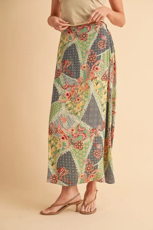 Stylish Printed Maxi Skirt: Elevate Your Wardrobe with Bold Patterns in Sage/Golden