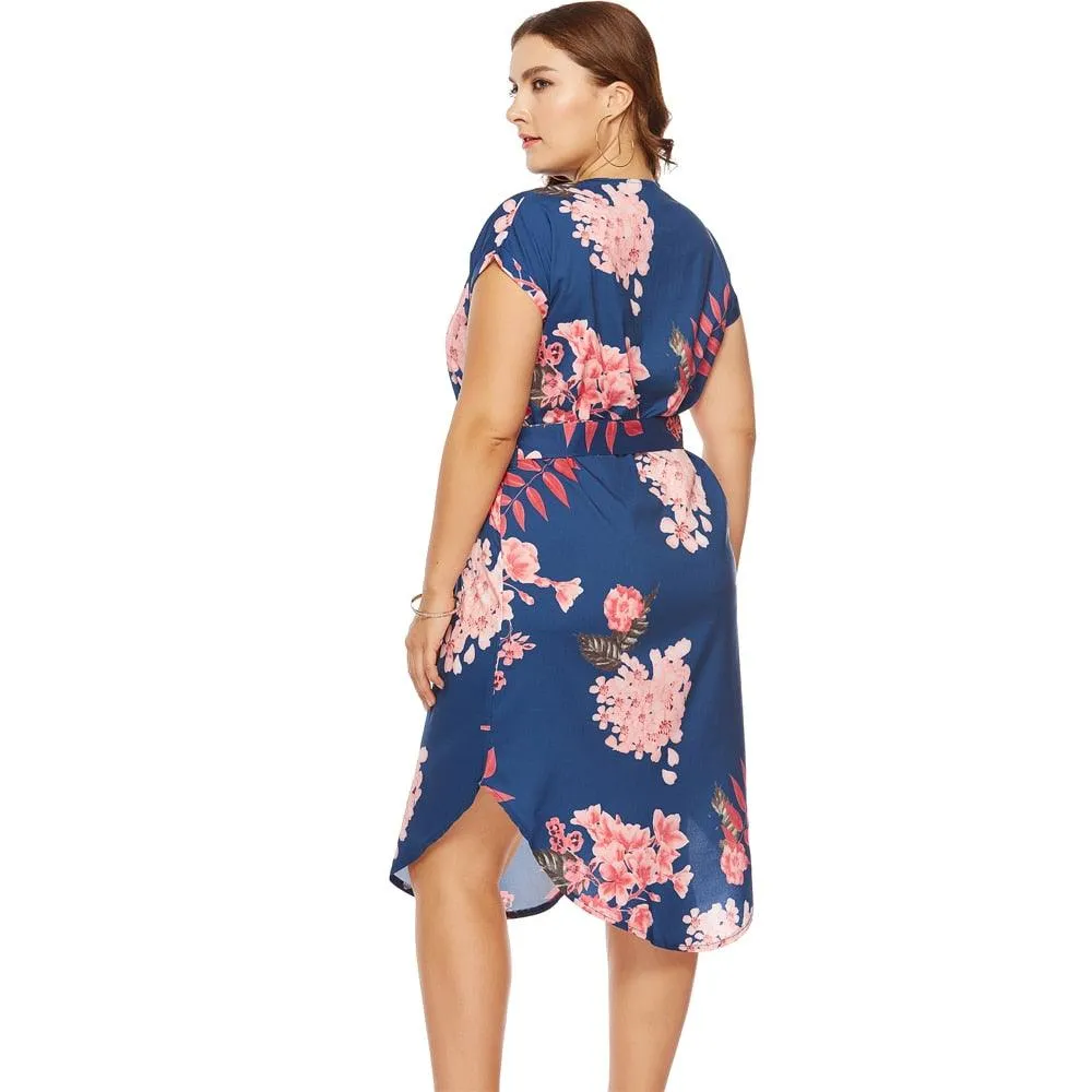 Summer Casual Long V-Neck Short Sleeve Flower Print Loose Dress