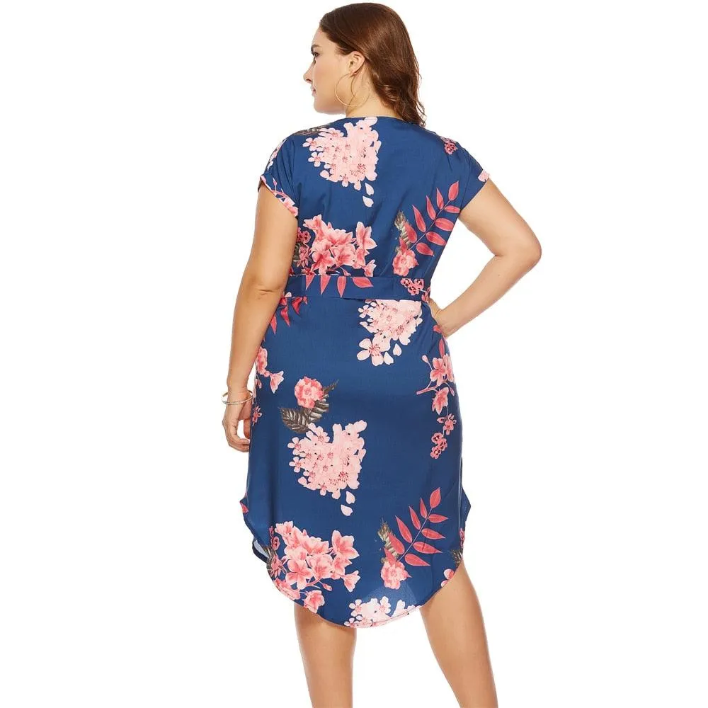 Summer Casual Long V-Neck Short Sleeve Flower Print Loose Dress