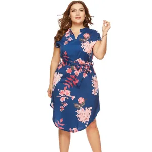 Summer Casual Long V-Neck Short Sleeve Flower Print Loose Dress