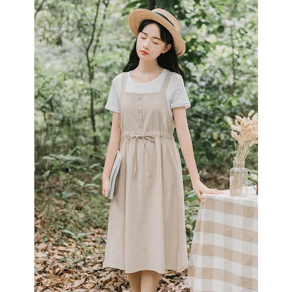 Summer Long Dress Women Casual Vintage Dresses Mid Calf Vestidos Pockets Strapless Sundress Overalls
