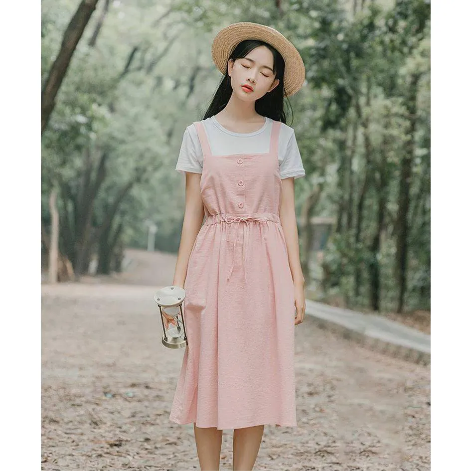 Summer Long Dress Women Casual Vintage Dresses Mid Calf Vestidos Pockets Strapless Sundress Overalls