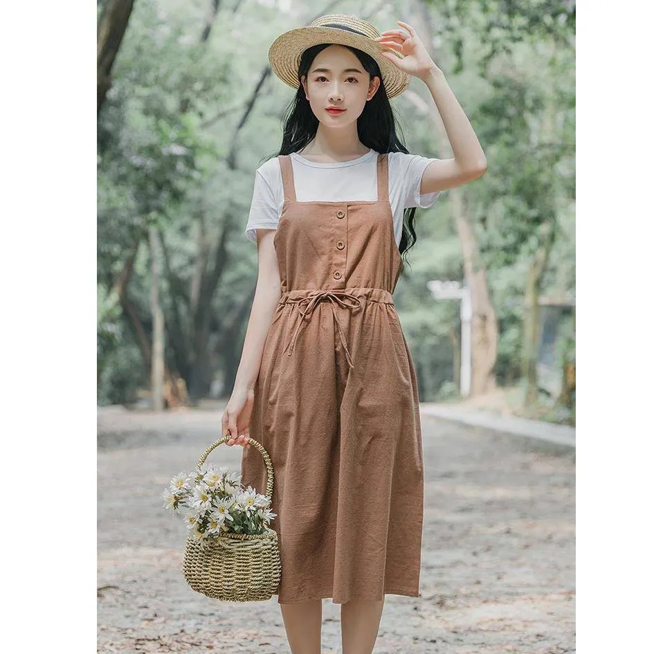 Summer Long Dress Women Casual Vintage Dresses Mid Calf Vestidos Pockets Strapless Sundress Overalls