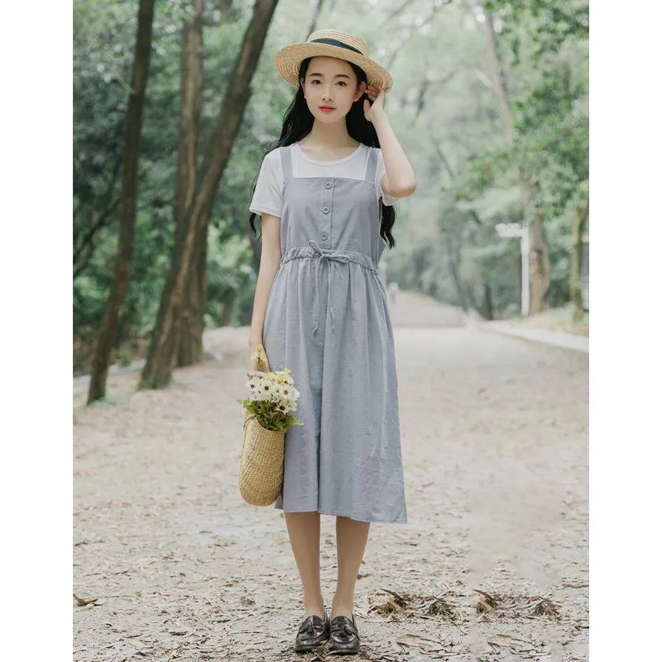 Summer Long Dress Women Casual Vintage Dresses Mid Calf Vestidos Pockets Strapless Sundress Overalls